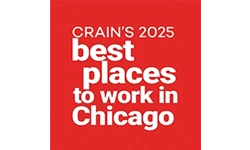 A red square graphic with the text “Crain’s 2025 best places to work in Chicago” in bold white letters.