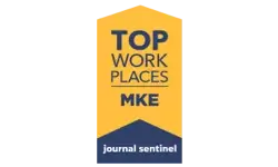 A yellow and blue badge reads "Top Work Places MKE" with "journal sentinel" below.
