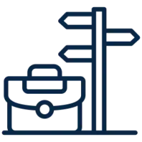 Outline icon of a briefcase next to a directional signpost with multiple arrows pointing in different directions.