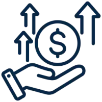 Icon of a hand holding a dollar coin with upward arrows, symbolizing financial growth or increasing profits.