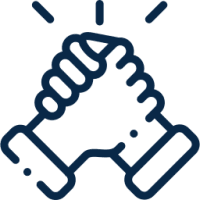 Two hands gripping each other in a handshake or clasp, with lines above indicating emphasis or action.
