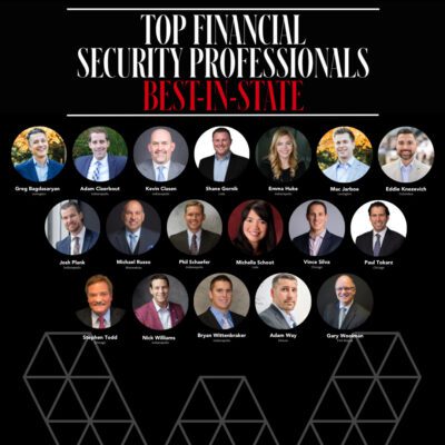 Collage of portraits labeled as "Top Financial Security Professionals Best-in-State," featuring 18 individuals, each with their name listed below their photo against a black background.