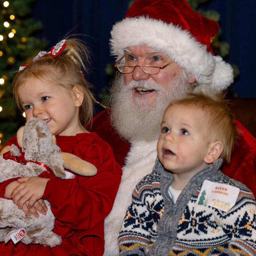 Two young children sit with a person dressed as Santa Claus in front of a decorated Christmas tree, smiling for the camera.