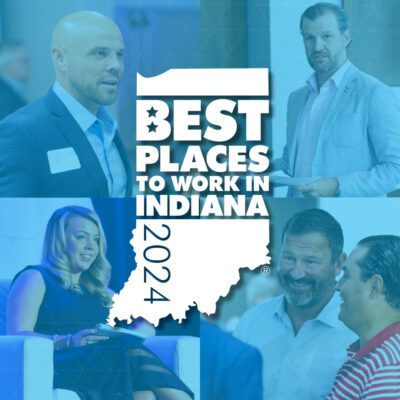 Four professionals interacting at an event with the text “Best Places to Work in Indiana 2024” displayed over a white Indiana state outline.