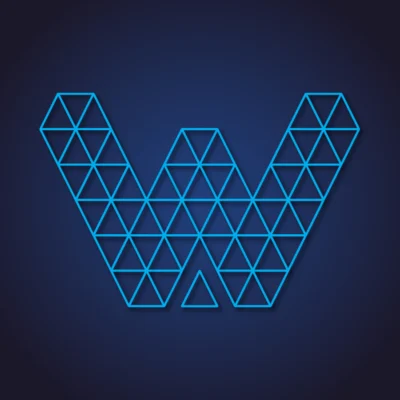 A geometric letter "W" made of blue neon triangles on a dark gradient background.