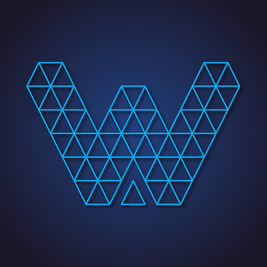 A geometric letter "W" made of blue neon triangles on a dark gradient background.