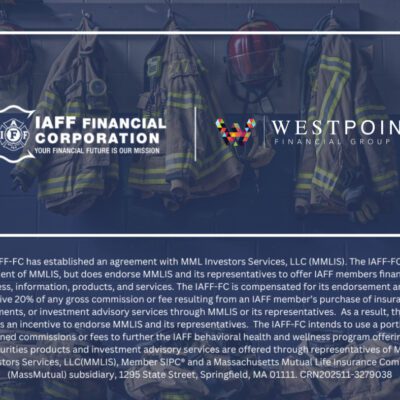 Firefighting gear hangs on racks behind logos for IAFF Financial Corporation and Westpoint Financial Group, along with a detailed financial disclosure statement at the bottom.