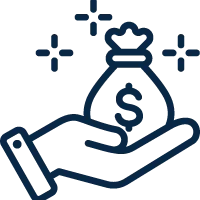 Outline drawing of a hand holding a money bag with a dollar sign, surrounded by three sparkling stars.