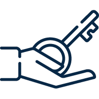 Outline drawing of a hand holding a key, symbolizing giving or receiving access, ownership, or control.