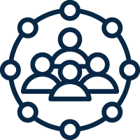 Icon showing three stylized people inside a circular network of connected dots, representing community, teamwork, or collaboration.