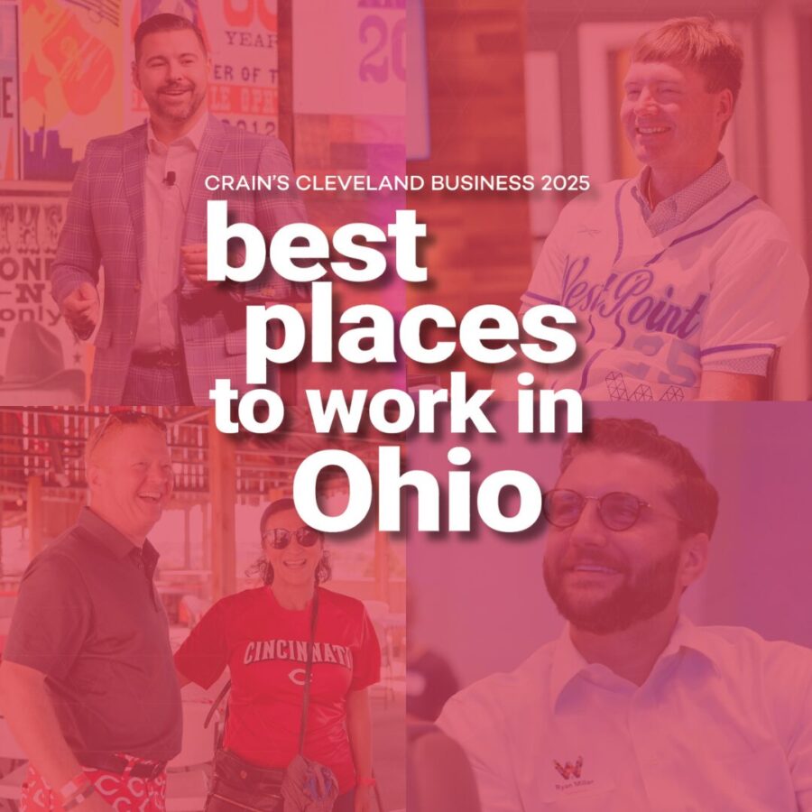 A collage of smiling professionals with text reading "Best Places to Work in Ohio, Crain's Cleveland Business 2025.