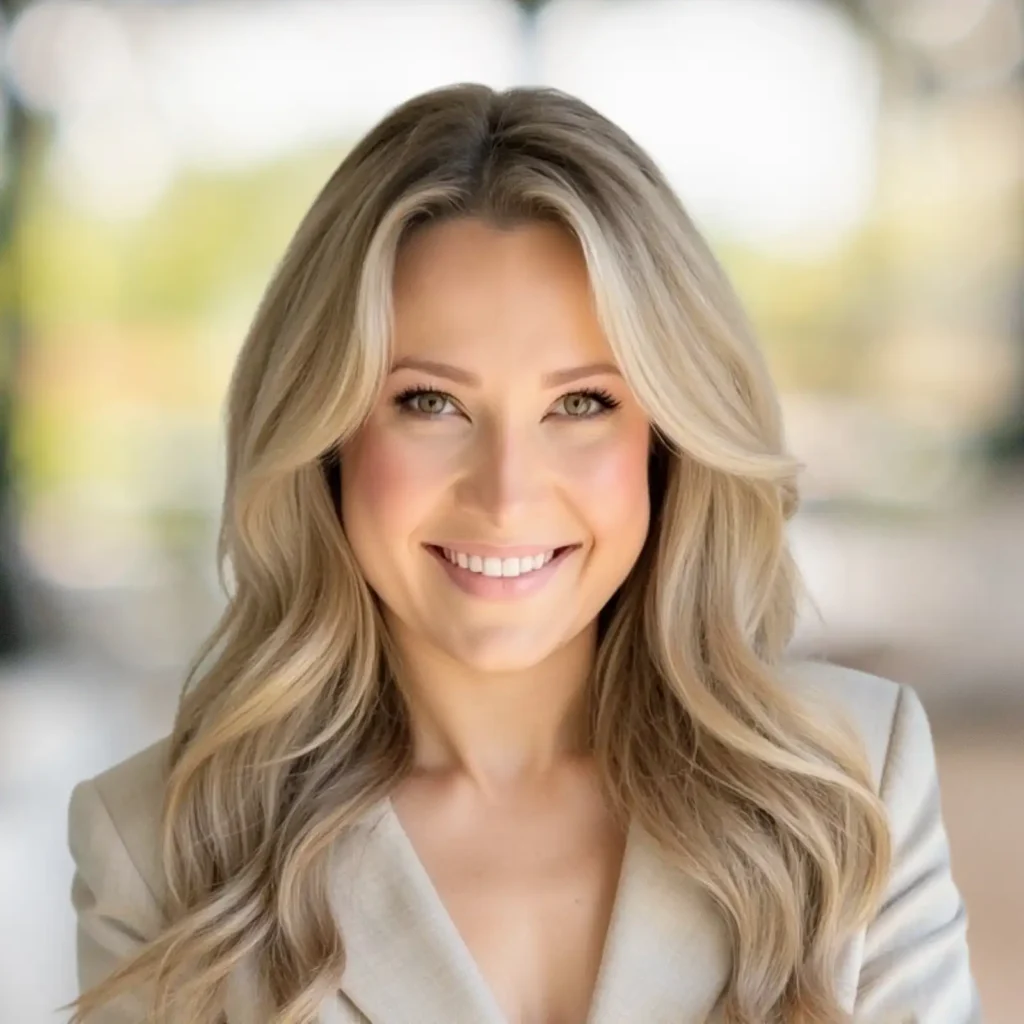 A woman with long blonde hair, wearing a light-colored blazer, smiles at the camera against a blurred outdoor background.