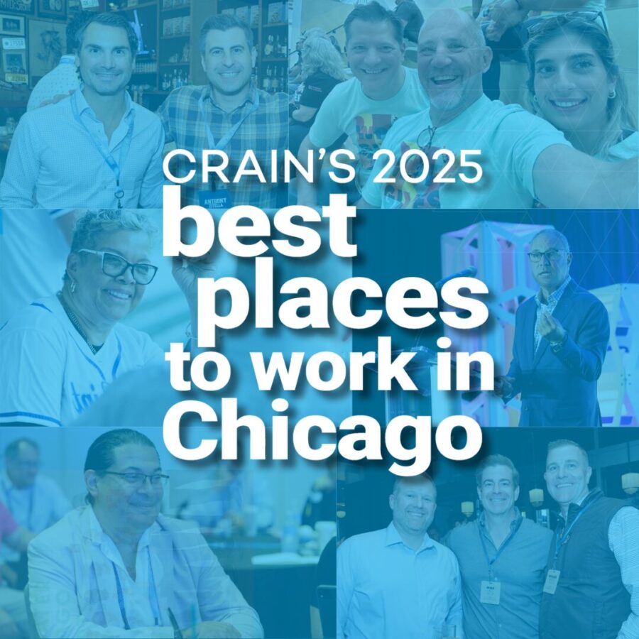 A collage of people smiling and networking at an event with the text: "CRAIN’S 2025 best places to work in Chicago" prominently displayed in the center.