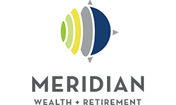Meridian Wealth + Retirement logo featuring layered circular shapes in green, yellow, gray, and blue, above the company name in gray text on a black background.