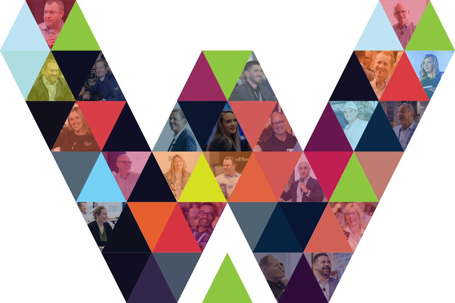 Collage of people speaking or smiling, arranged within a geometric pattern of colorful overlapping triangles on a white background.