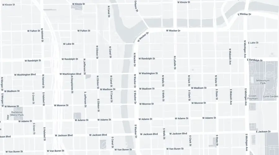 Map of downtown Chicago streets showing a grid layout with labeled streets, the Chicago River, Millennium Park, and nearby landmarks.