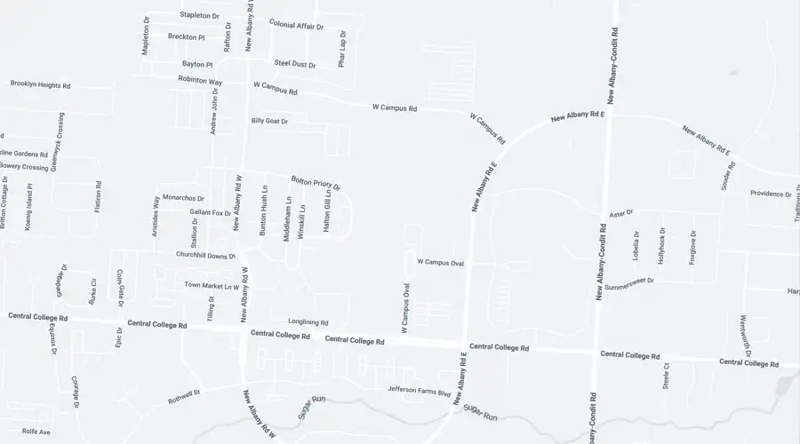 A grayscale map showing streets and road names in a suburban area, including Central College Rd, New Albany-Condit Rd, and various residential roads.
