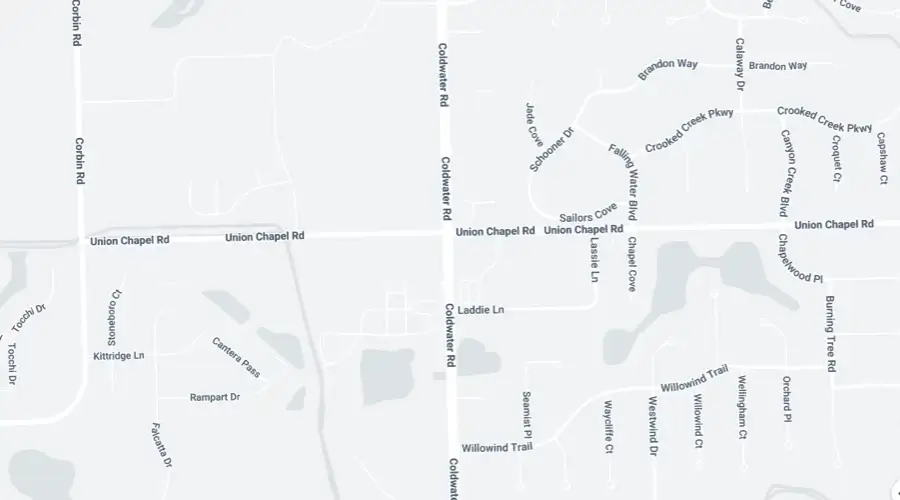 A grayscale map showing the intersection of Union Chapel Road and Coldwater Road, with surrounding streets and neighborhoods labeled.