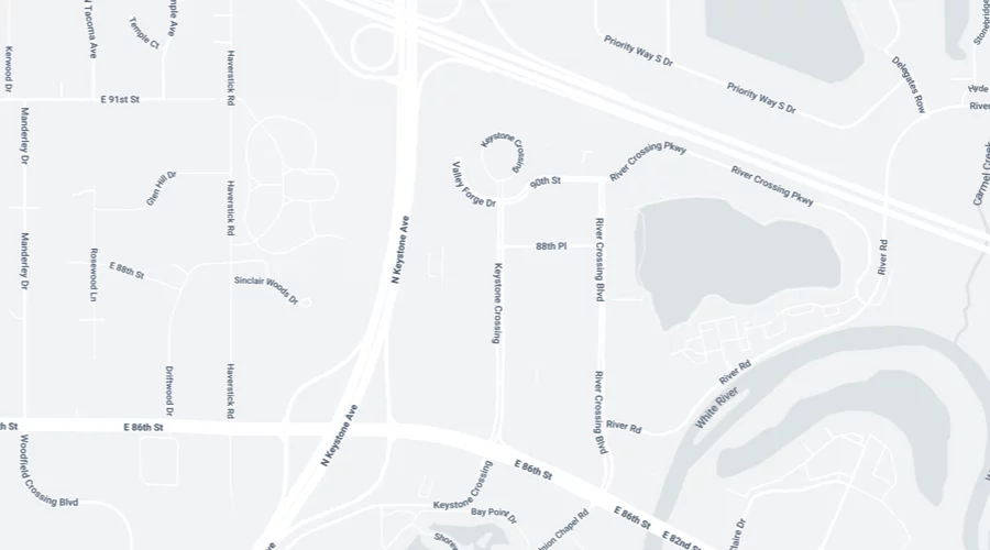 A grayscale map shows intersecting streets, including N College Ave and E 96th St, with labeled roads and residential areas.