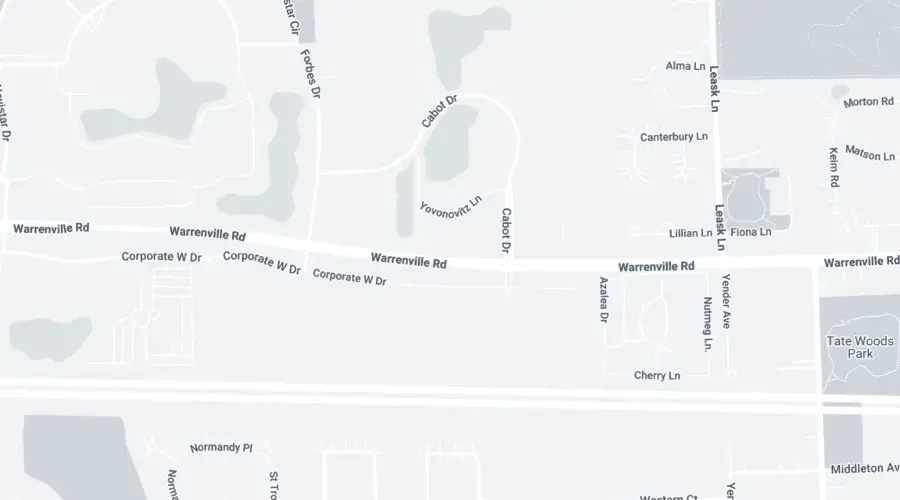 Map section showing Warrenville Rd running horizontally, intersected by Corporate W Dr, Gabot Dr, Azalea Dr, Vendor Ave, and nearby streets in a suburban area.