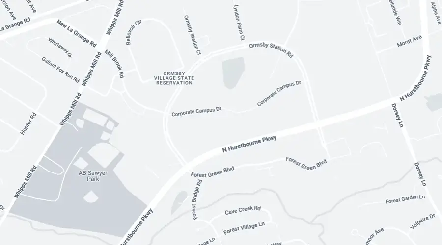 A grayscale map showing streets, parks, and labeled locations such as Ormsby Village State Reservation and AB Sawyer Park near N Hurstbourne Parkway.