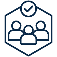 Icon showing three people inside a hexagon with a check mark above them, representing group approval or team verification.