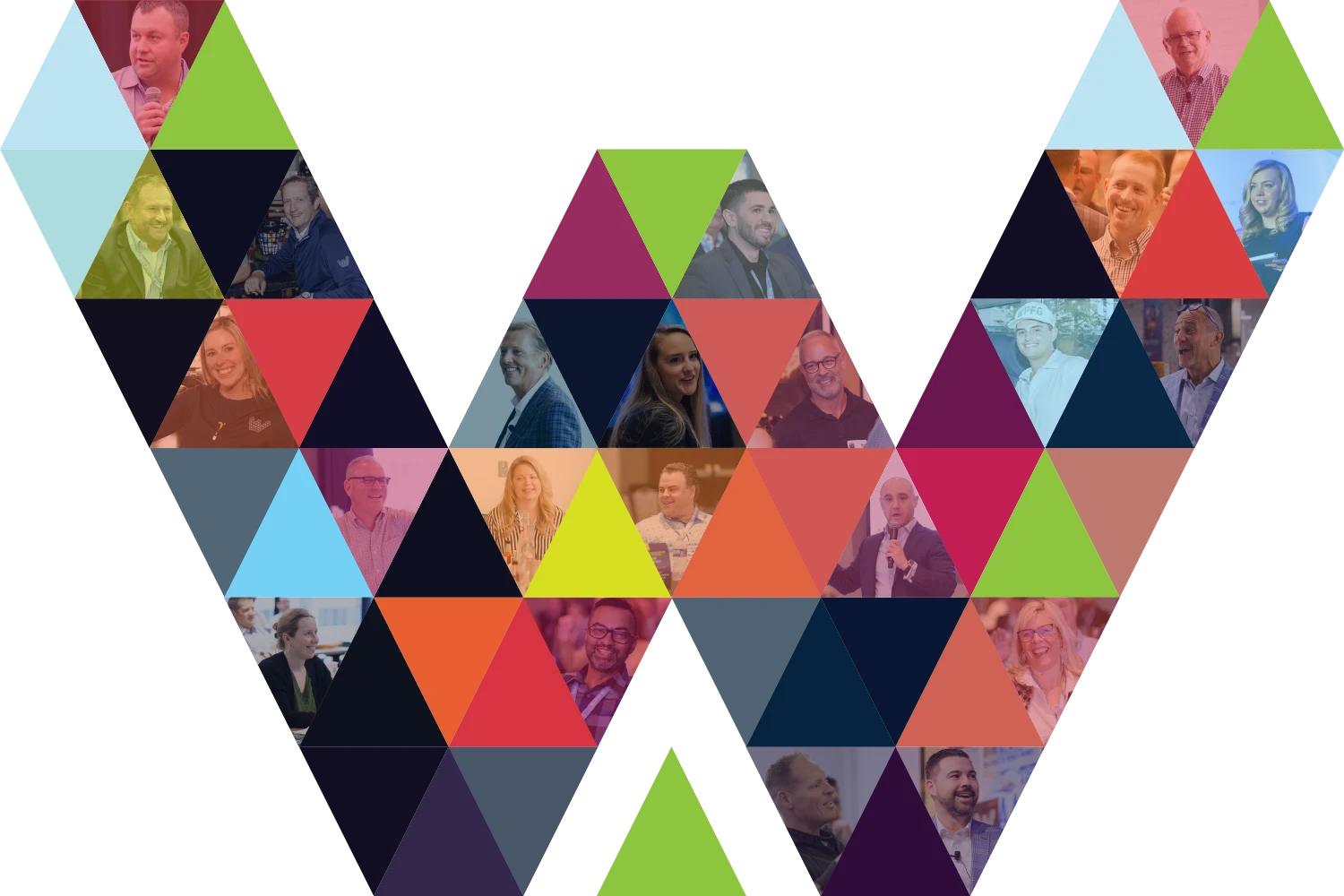 A large "W" shape made of colorful triangles, some containing photos of people speaking, smiling, or listening at an event.