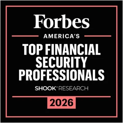Forbes graphic naming America’s Top Financial Security Professionals 2026, selected by Shook Research, with a black background and red borders.