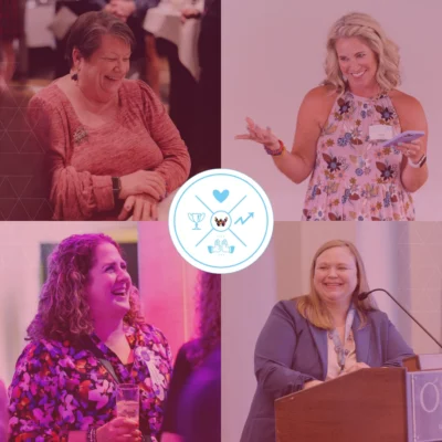 Four women at a professional event are shown speaking, laughing, and smiling. In the center of the image is a circular graphic with icons representing teamwork, achievement, and growth.