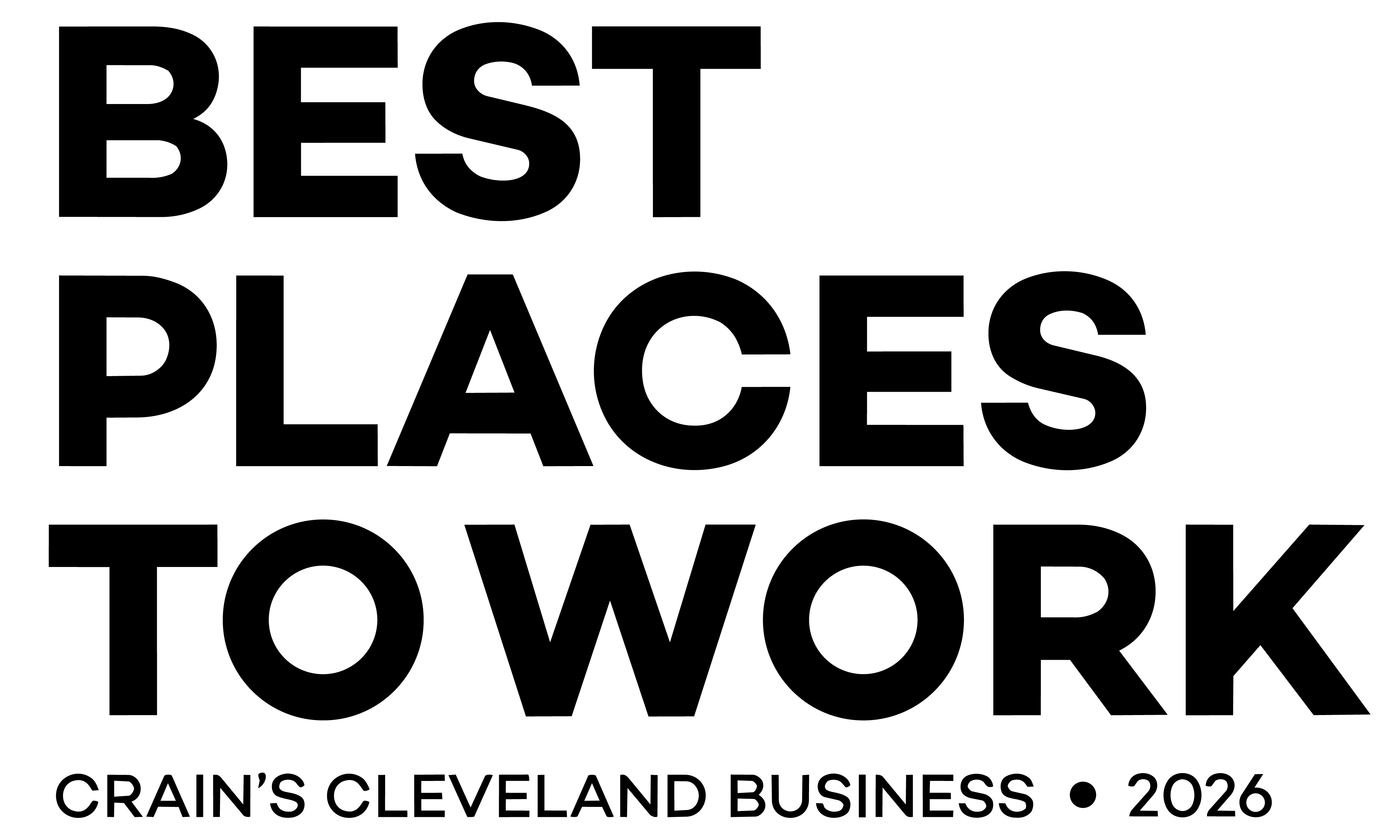 Image with gold text on a red background saying “Best Places to Work, Crain’s Cleveland Business, 2026” with curved gold accents.