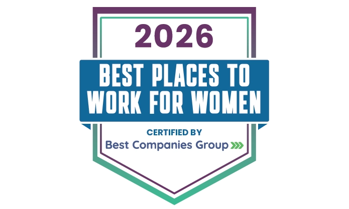 Badge reading “2026 Best Places to Work for Women, Certified by Best Companies Group” on a white background.