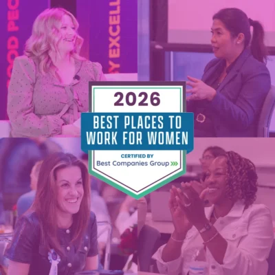 A graphic labeled “2026 Best Places to Work for Women” is overlaid on photos of four women in business settings, with a “Certified by Best Companies Group” badge.